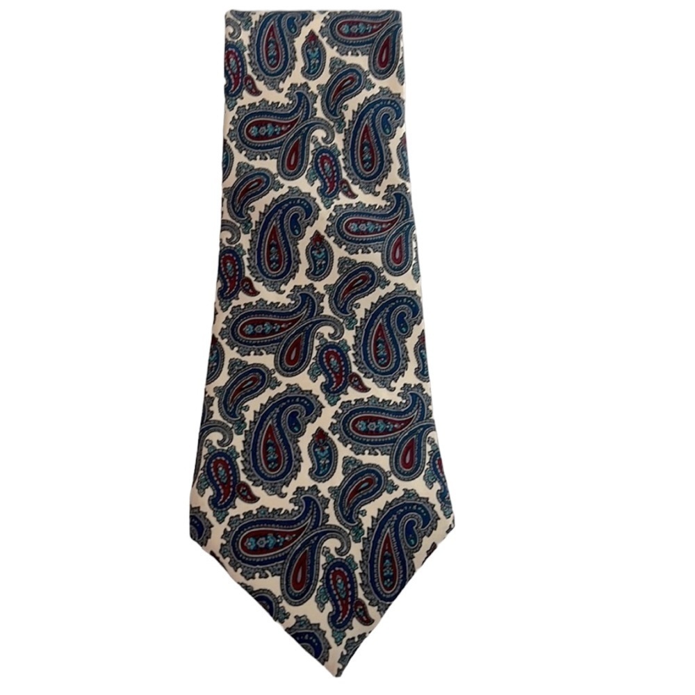 Don Loper Beverly Hills Italian Silk Paisley Tie Cream Blue Red Classic - Picture 2 of 5